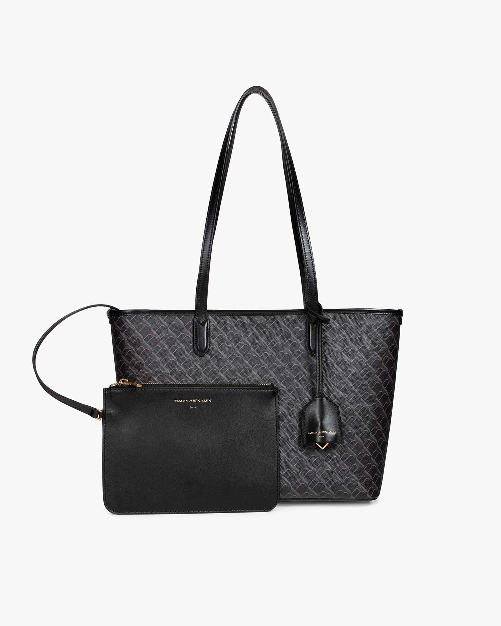 TOTE MONOGRAM PM noir, vue de face avec pochette amovible posée devant, anses plates