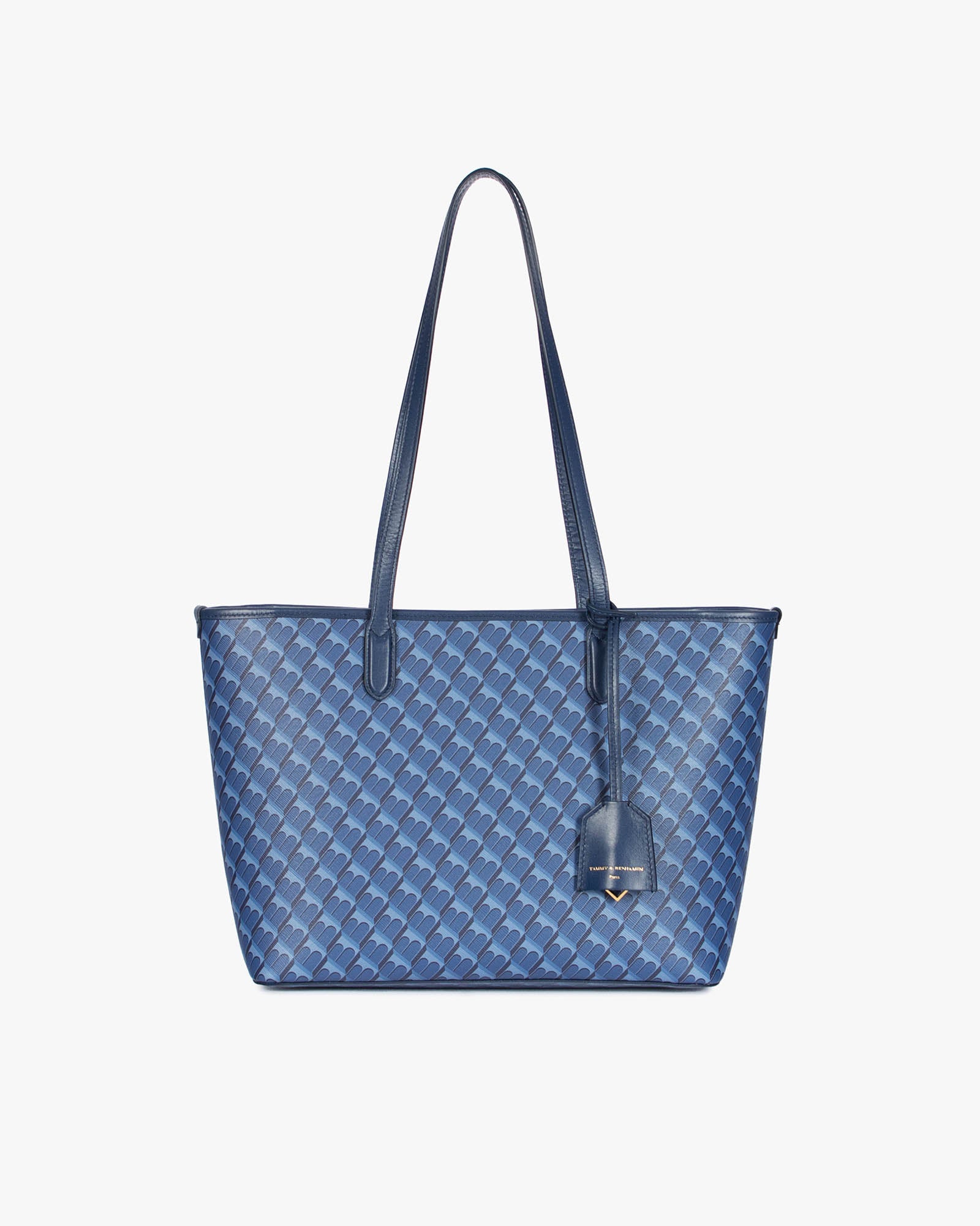 TOTE MONOGRAM PM bleu, vue de face, posé, anses hautes et porte-adresse en cuir