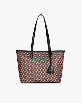 TOTE MONOGRAM PM bag in brown and black, front view, flat straps worn on the shoulder