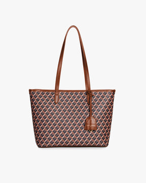 TOTE MONOGRAM PM in Brown, front view, flat leather straps, hanging leather tag