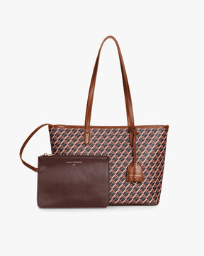 TOTE MONOGRAM PM in brown, front view standing with removable pouch and leather straps