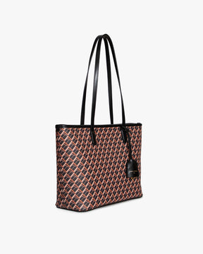 TOTE MONOGRAM PM bag in brown and black, side view, standing, flat straps held together