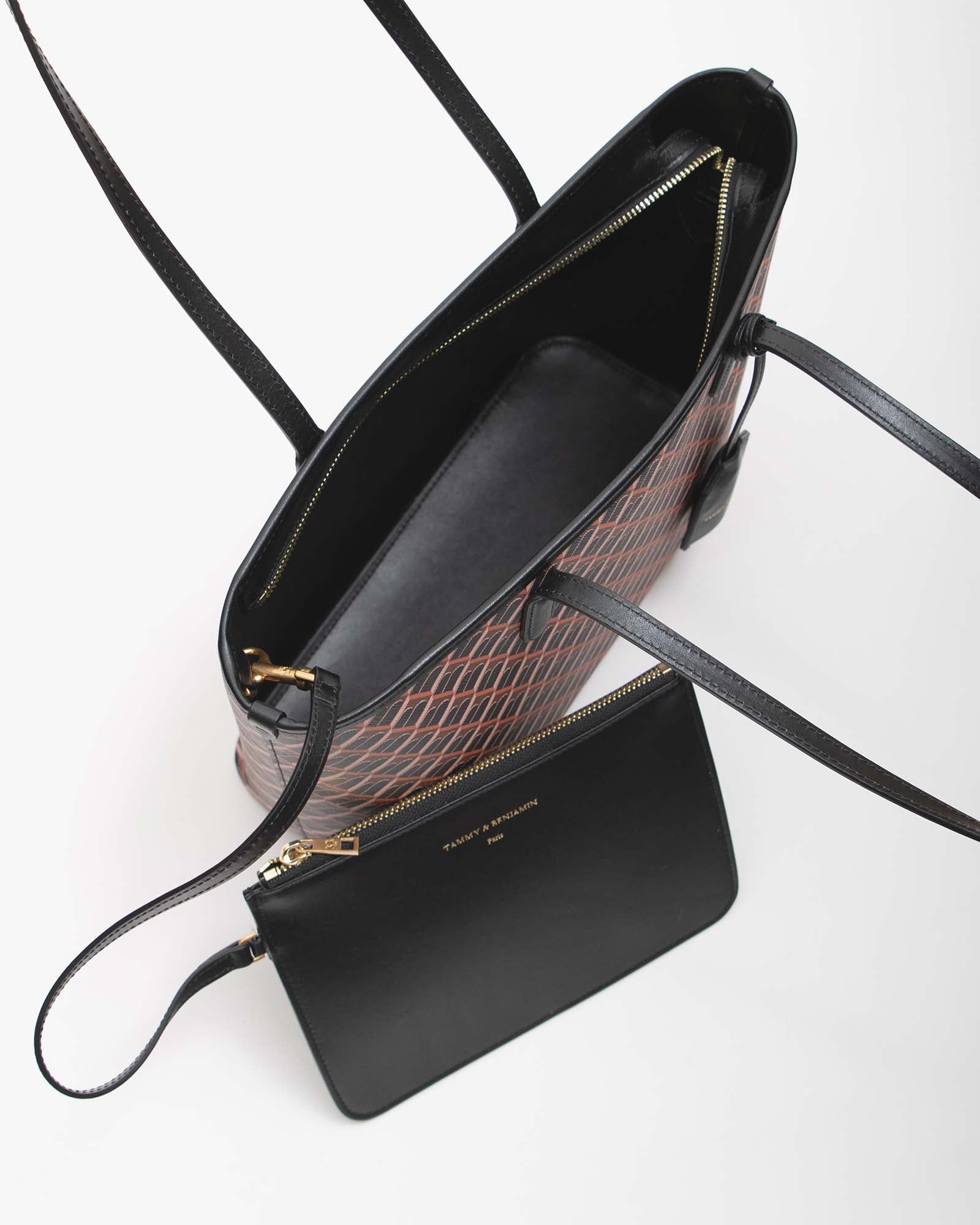 TOTE MONOGRAM PM brown and black, open view showing the interior and removable zip pouch
