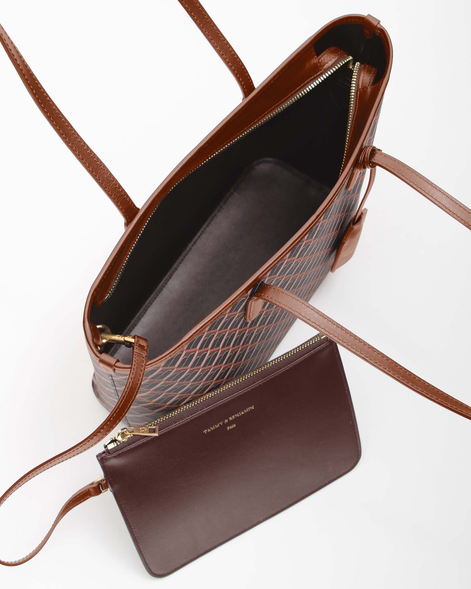 TOTE MONOGRAM Brown, open interior view with matching zippered removable pouch