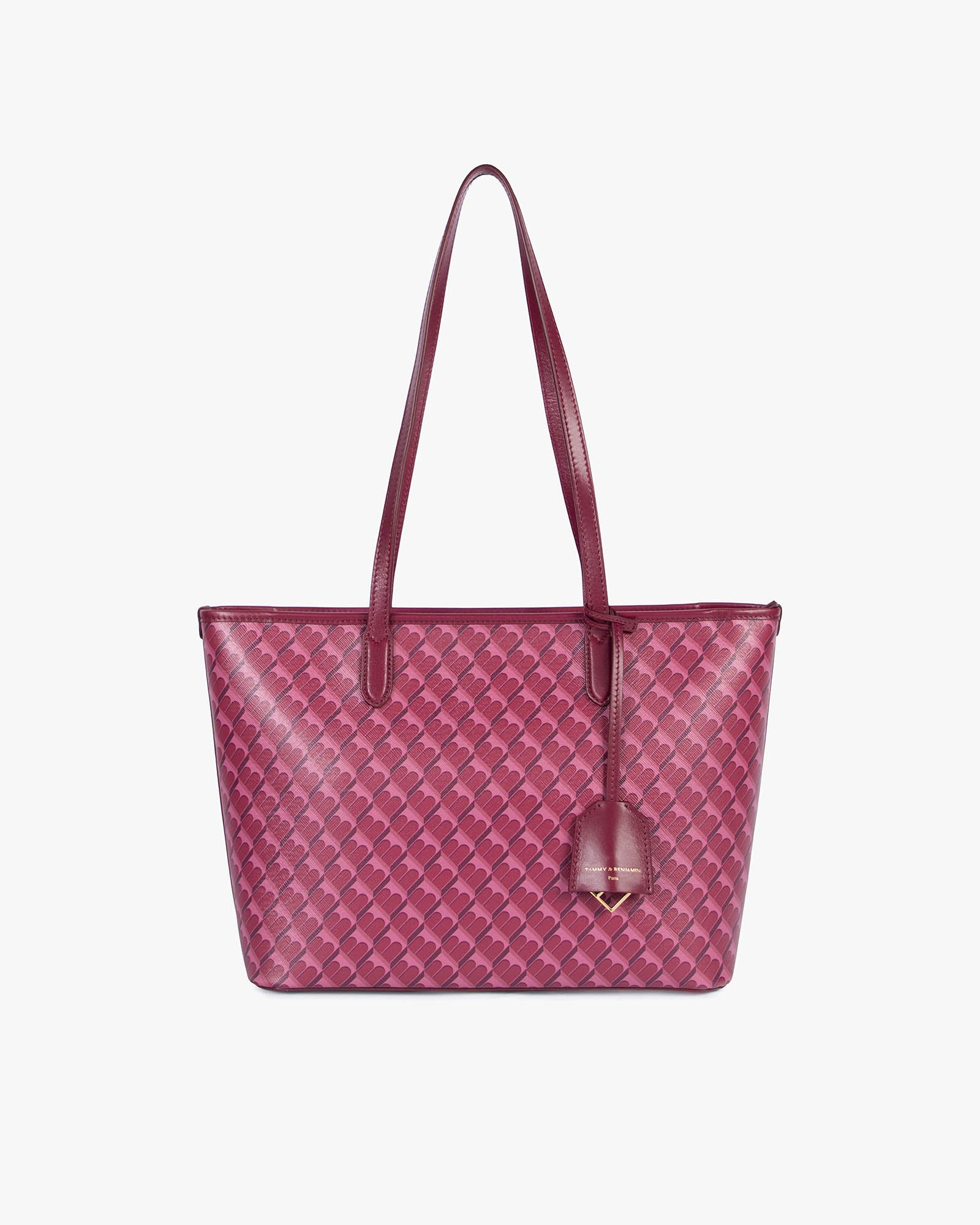 TOTE MONOGRAM PM Bordeaux, vue de face, posé, porté par ses deux anses, toile enduite monogramme