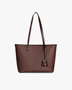 TOTE MONOGRAM PM in Chocolate, front view, standing, flat straps and leather luggage tag