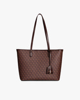 TOTE MONOGRAM PM in Chocolate, front view, standing, flat straps and leather luggage tag