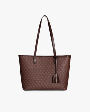 TOTE MONOGRAM PM in Chocolate, front view, standing, flat straps and leather luggage tag