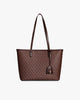 TOTE MONOGRAM PM Chocolat, vue de face, posé, anses plates et porte-adresse en cuir