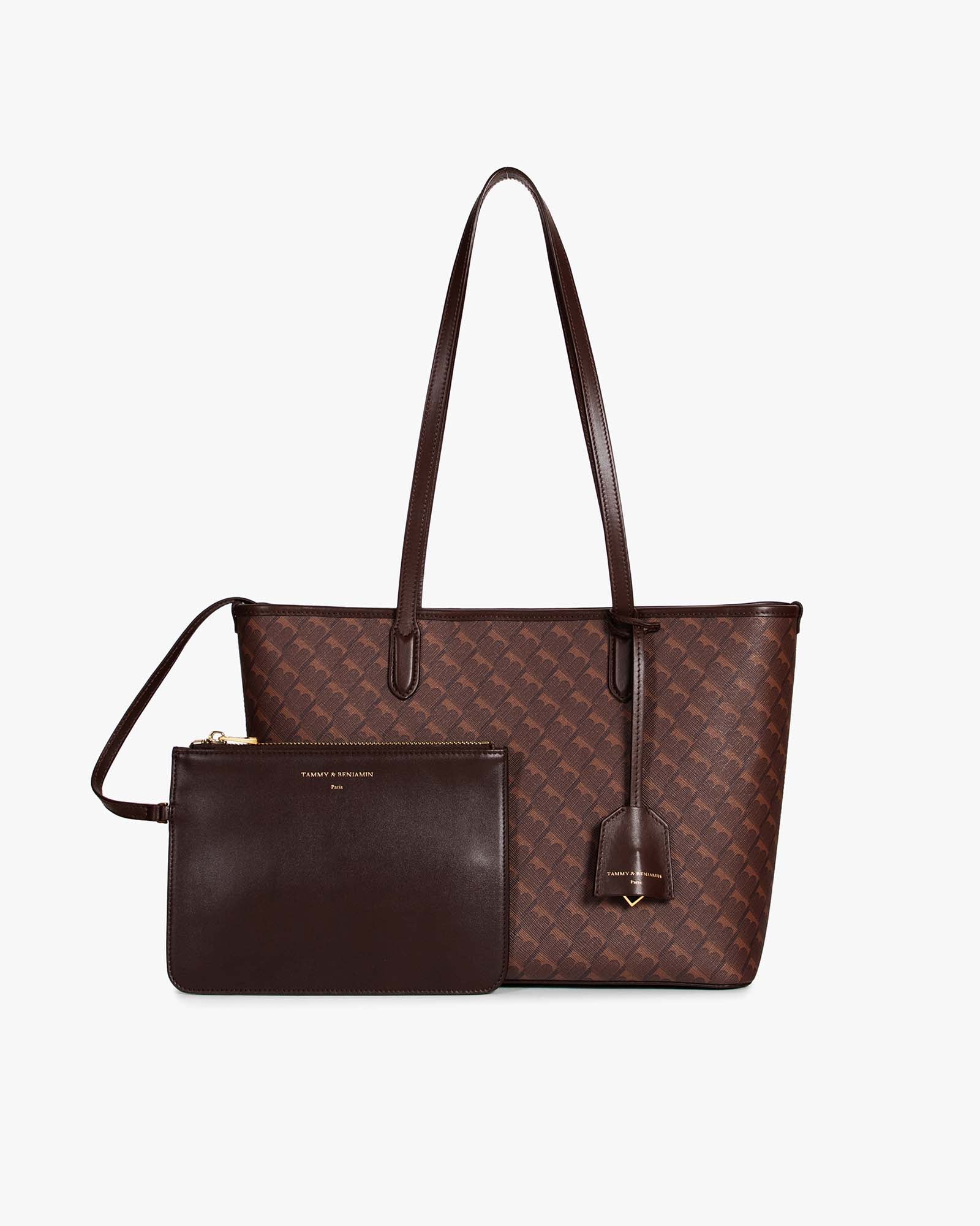 TOTE MONOGRAM PM Chocolate tote, shown with removable leather pouch, flat straps visible