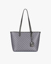 TOTE MONOGRAM PM gris, vue de face, posé, anses plates et pampille en cuir noir