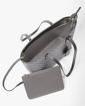 TOTE MONOGRAM gris, vue ouverte montrant l'intérieur et la pochette amovible, anses en cuir