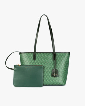 TOTE MONOGRAM PM vert, vue de face avec pochette amovible assortie posée devant
