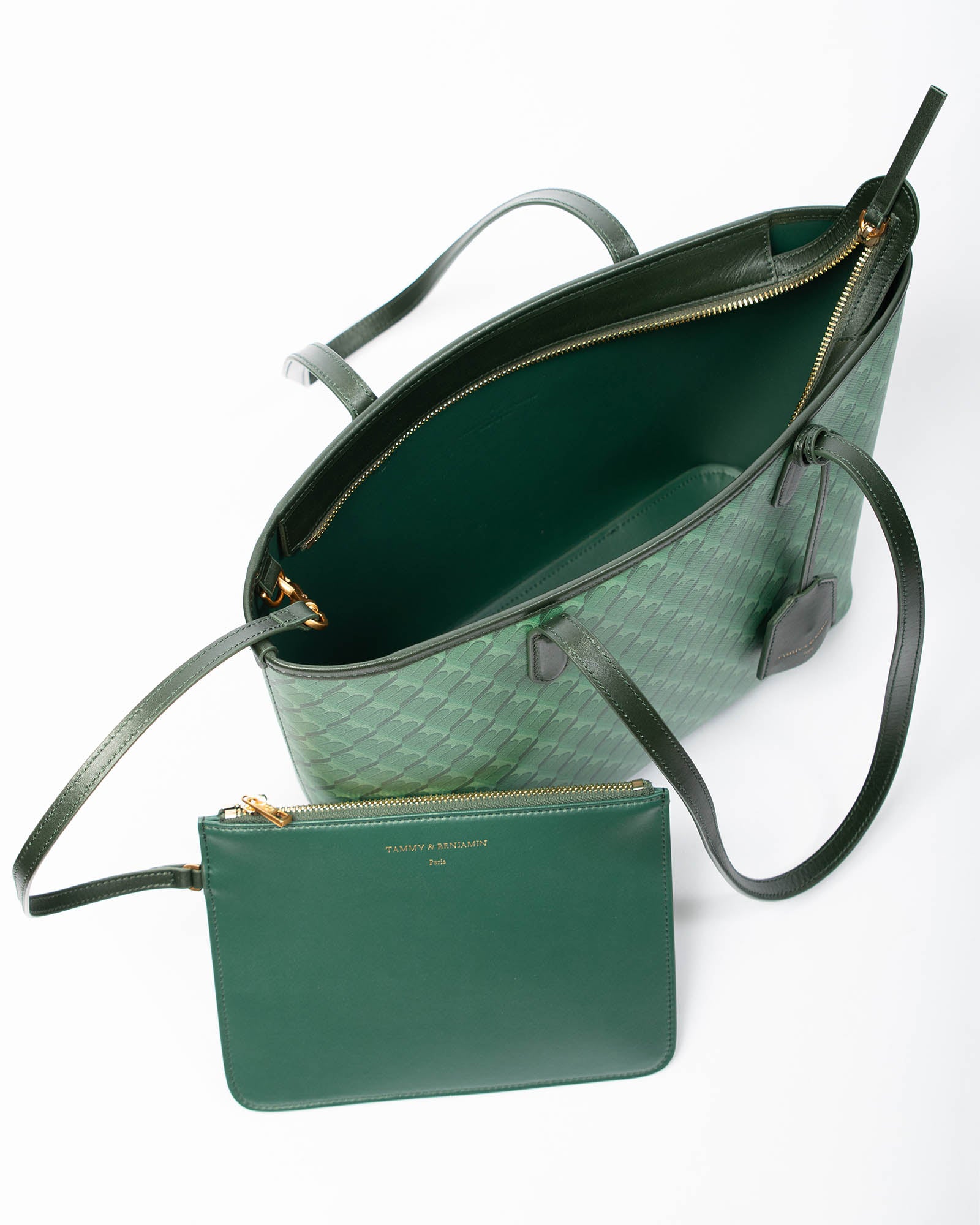 Tote Monogram vert ouvert, vue de l'intérieur avec pochette amovible zippée assortie