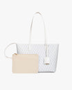 TOTE MONOGRAM PM blanc ivoire, posé de face avec pochette amovible beige devant