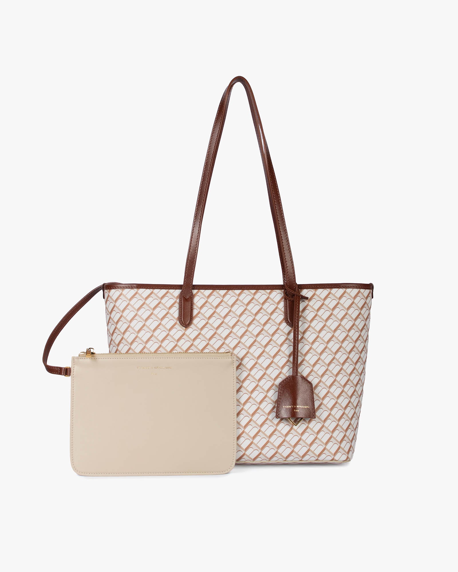 TOTE MONOGRAM PM Tan, vue de face avec pochette intérieure amovible beige et anses en cuir marron