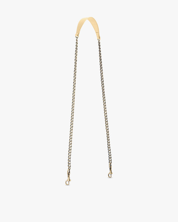 Long chain Citron, full flat view, leather shoulder pad with aged brass clasps