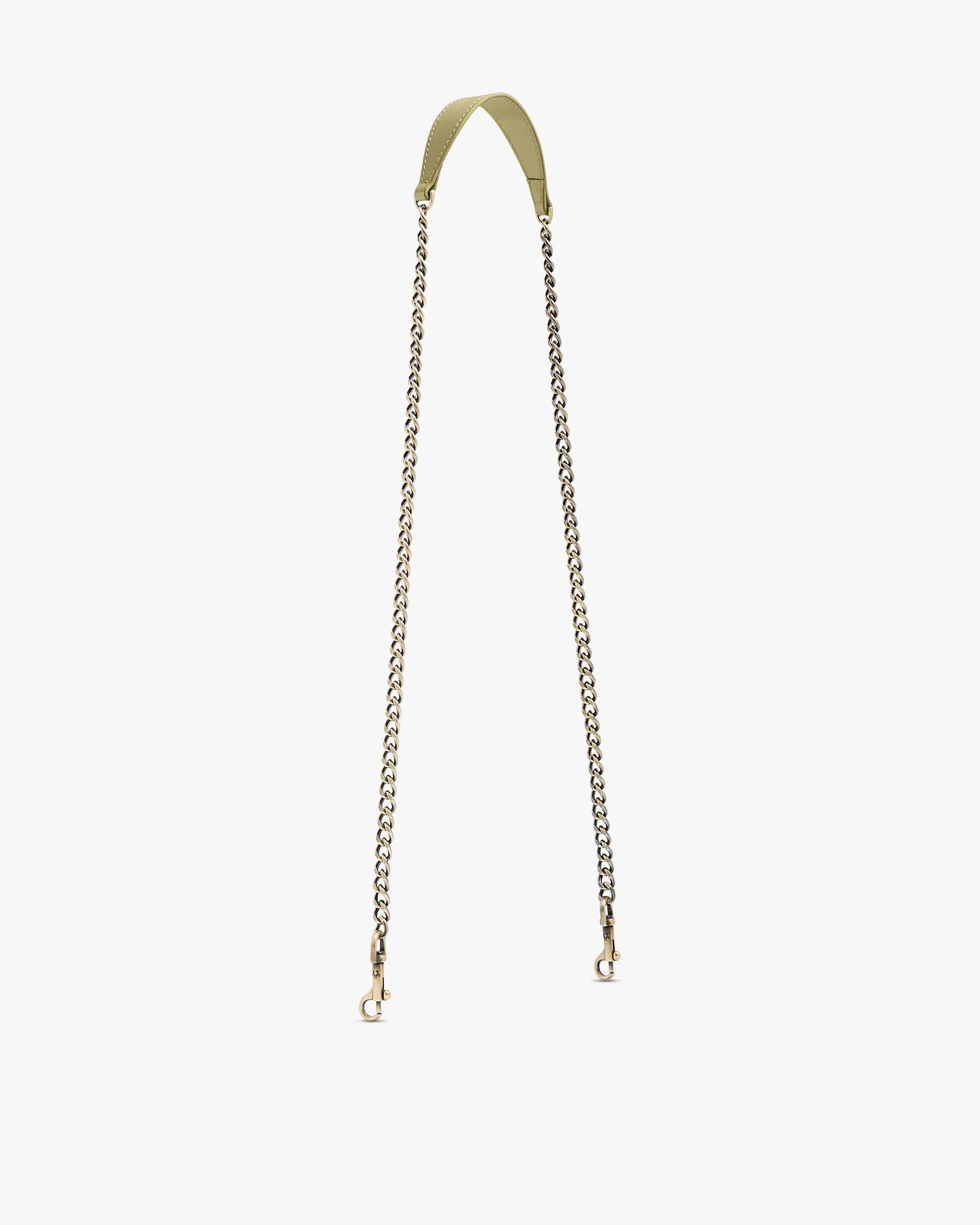 Limestone long chain with leather shoulder pad, laid flat, clasps at both ends