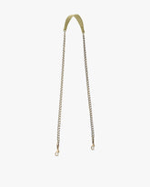 Limestone long chain with leather shoulder pad, laid flat, clasps at both ends