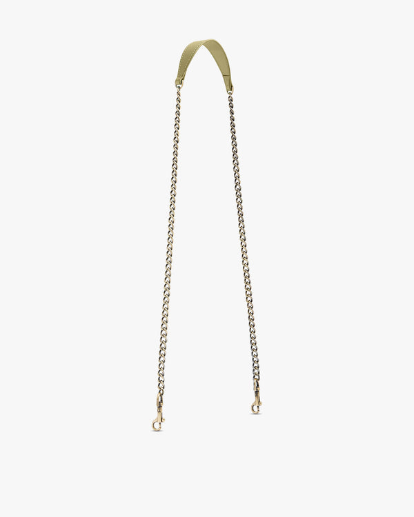 Limestone long chain with leather shoulder pad, laid flat, clasps at both ends