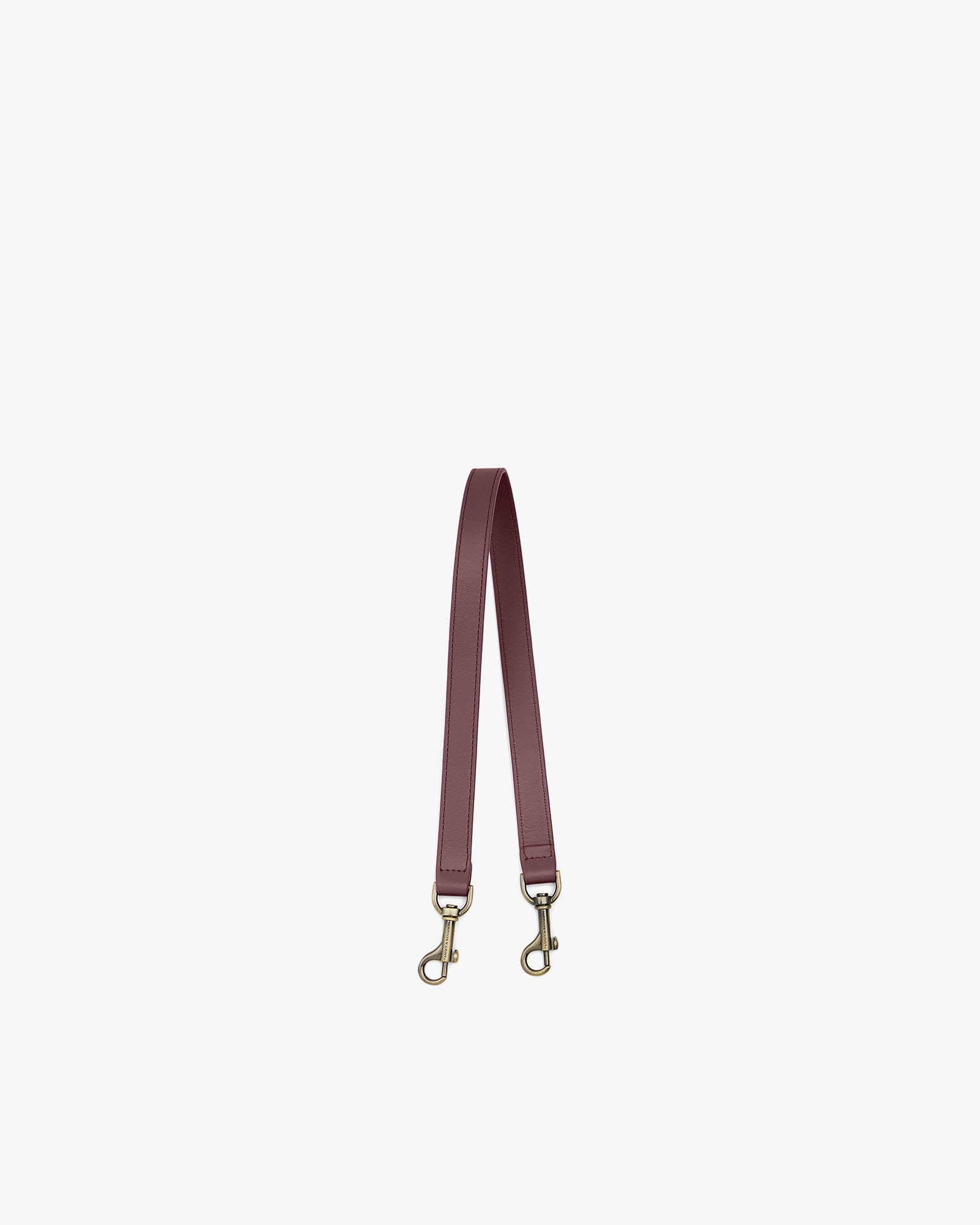 Short strap in leather, Aubergine color, laid flat, aged brass clasps at both ends