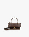 Sac THEA MINI brun embossé lézard, vue de face, rabat fermé, anse courte et bandoulière amovible