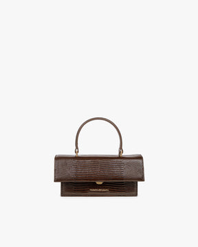 Sac THEA MINI brun embossé lézard, vue de face, rabat fermé, anse courte rigide