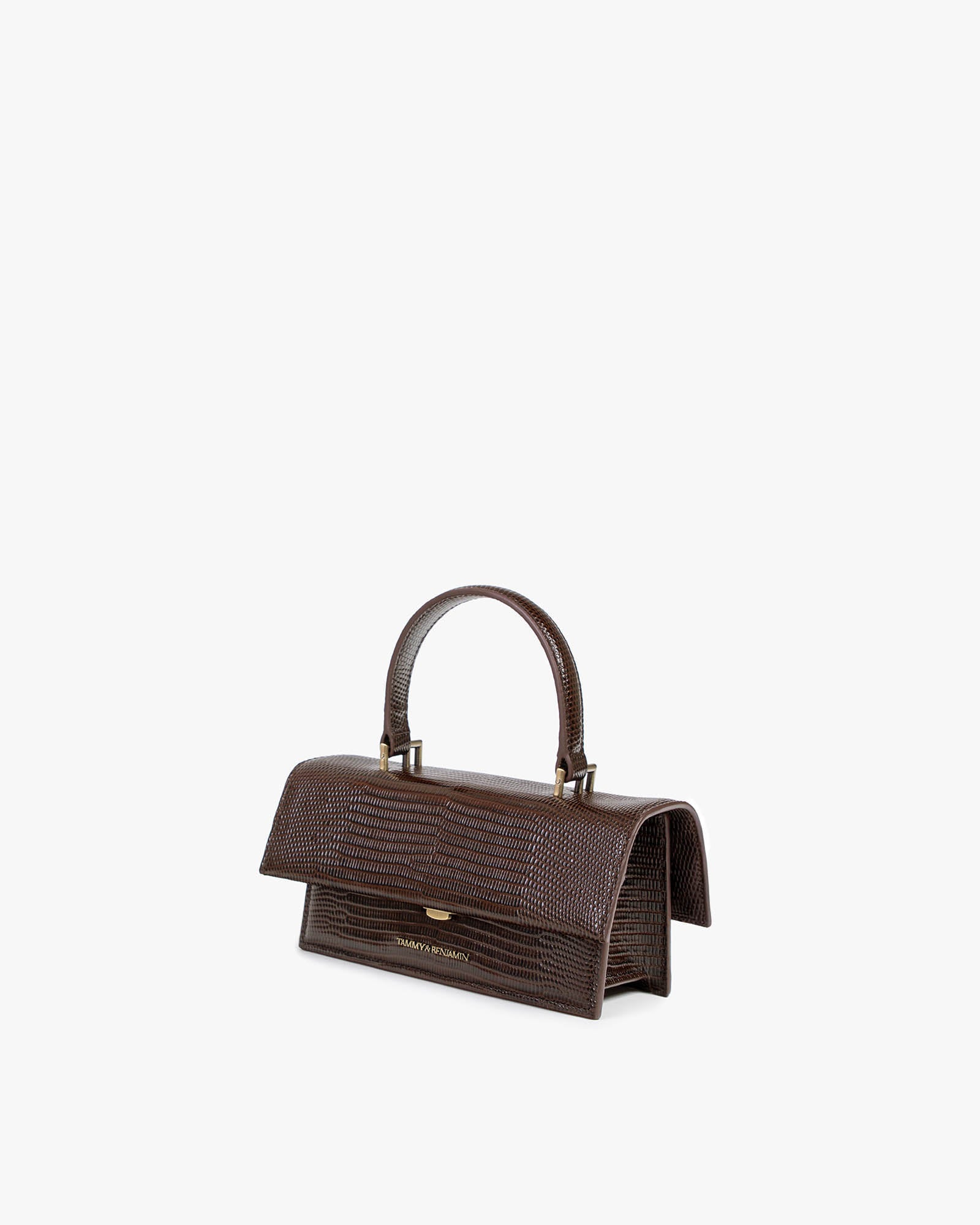 Sac THEA MINI brun embossé lézard, vue de profil, posé, anse courte relevée