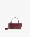 Sac THEA MINI Bordeaux embossé lézard, vue de face avec anse et bandoulière amovible