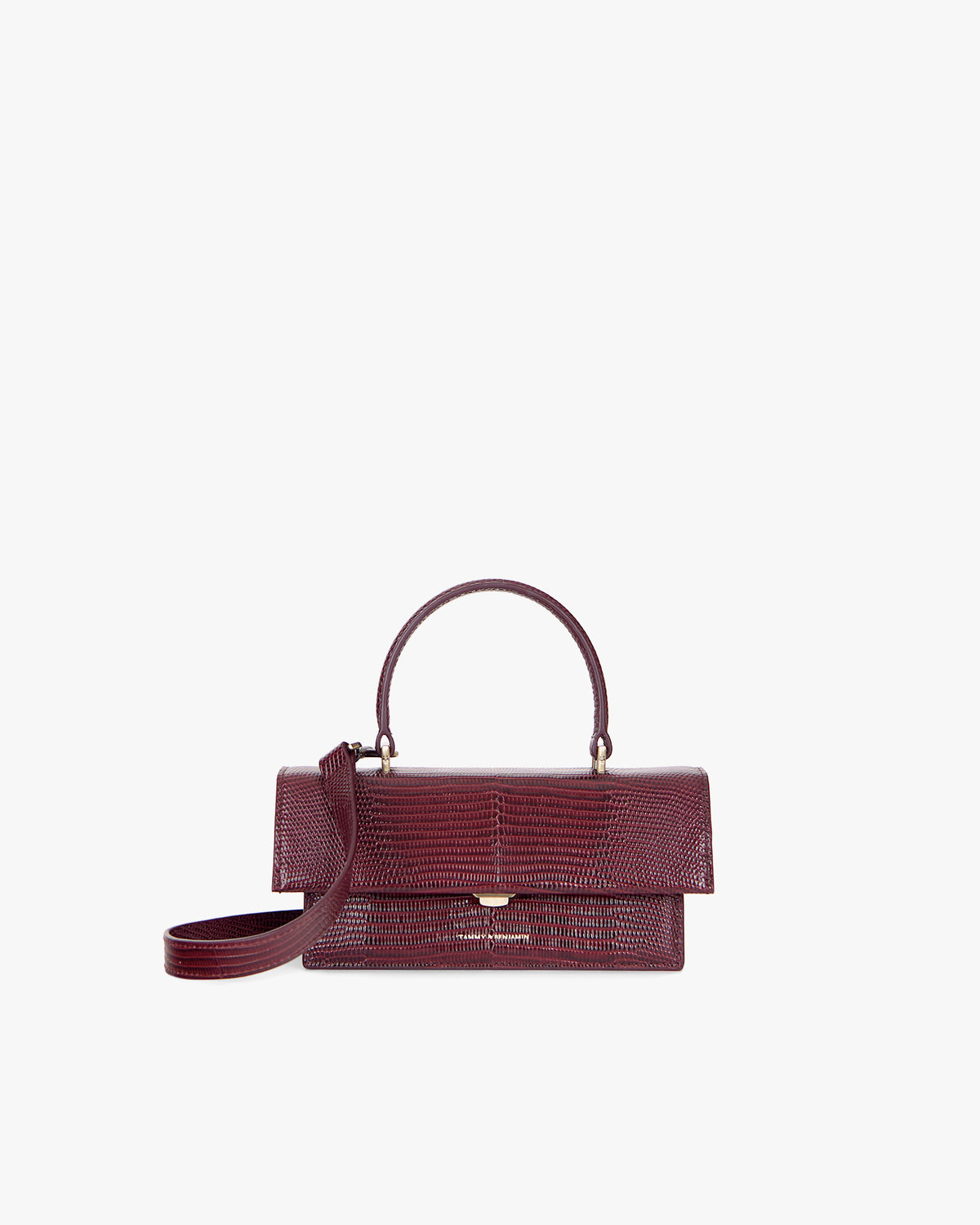 Sac THEA MINI Bordeaux embossé lézard, vue de face avec anse et bandoulière amovible