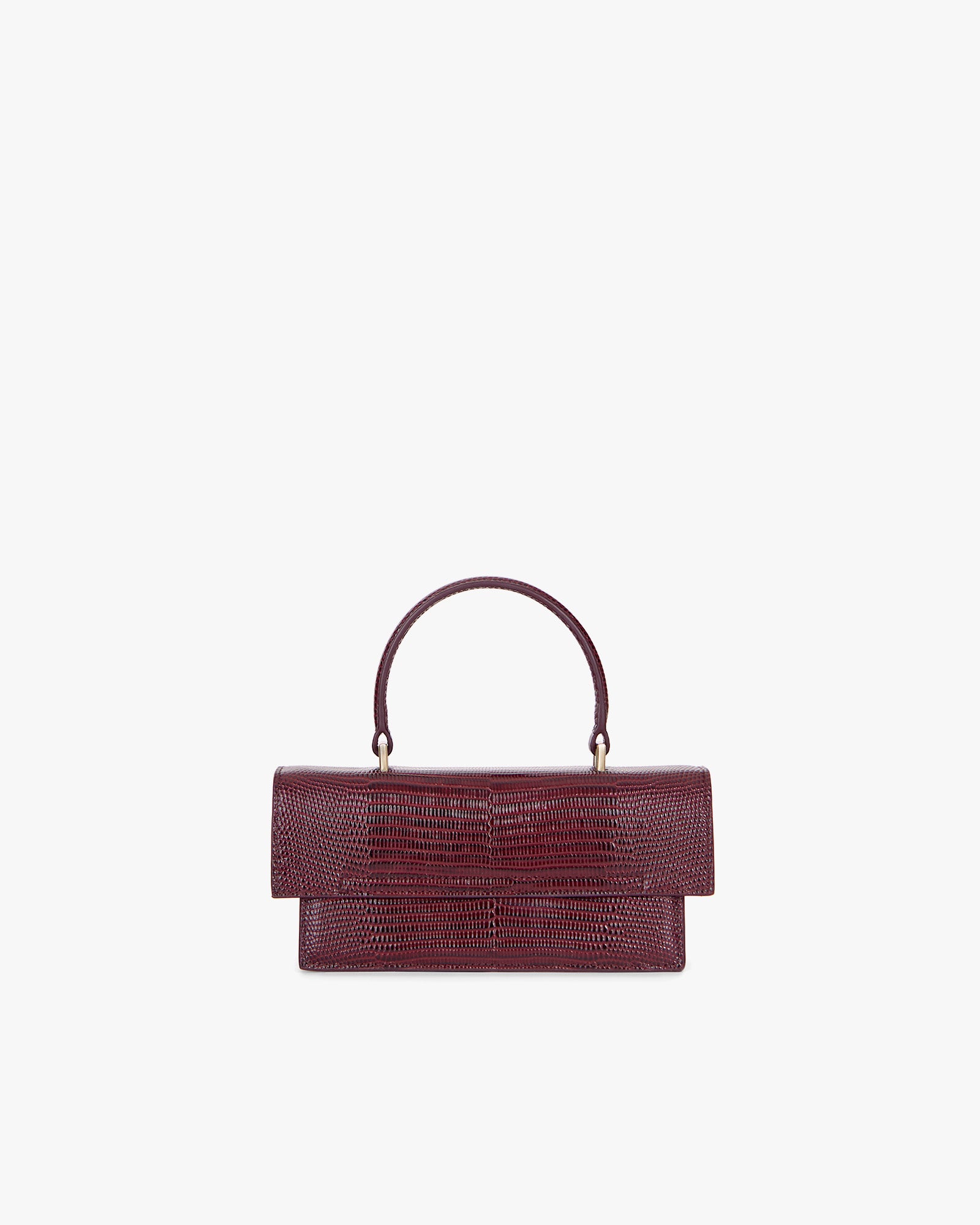 Sac THEA MINI Bordeaux embossé lézard, vue de face, poignée relevée, rabat oversize fermé