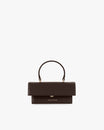 THEA MINI bag in chocolate, front view, standing, with flap and top handle