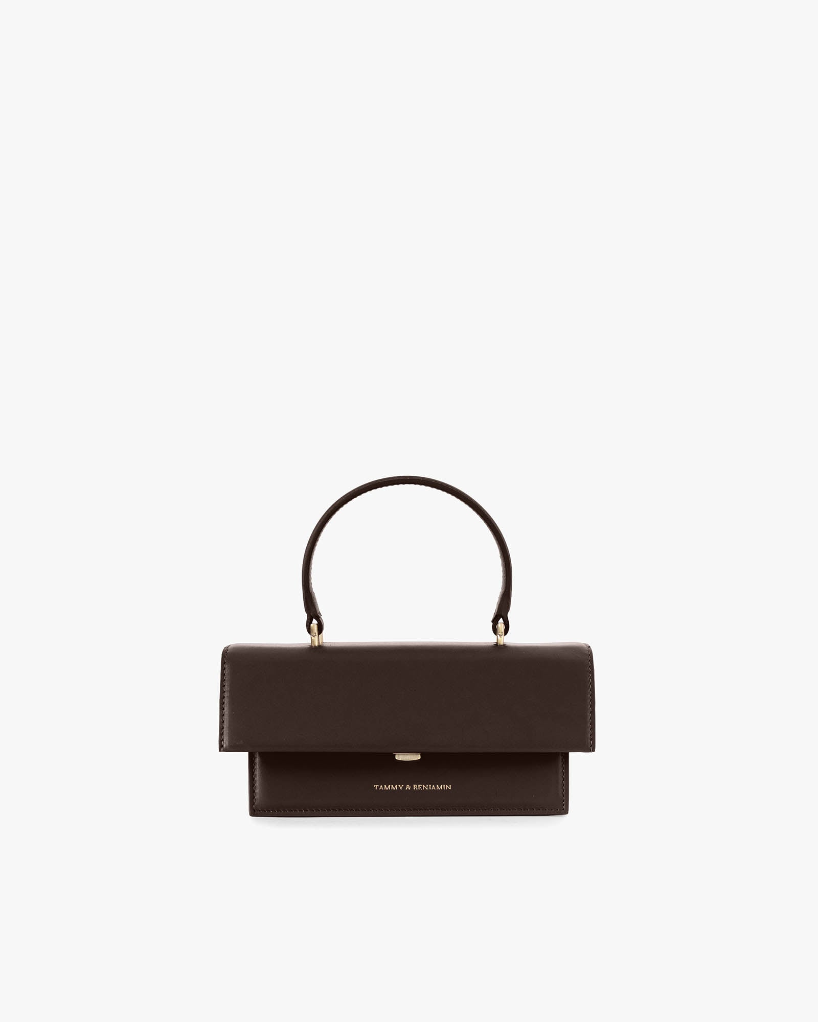 THEA MINI bag in chocolate, front view, standing, with flap and top handle