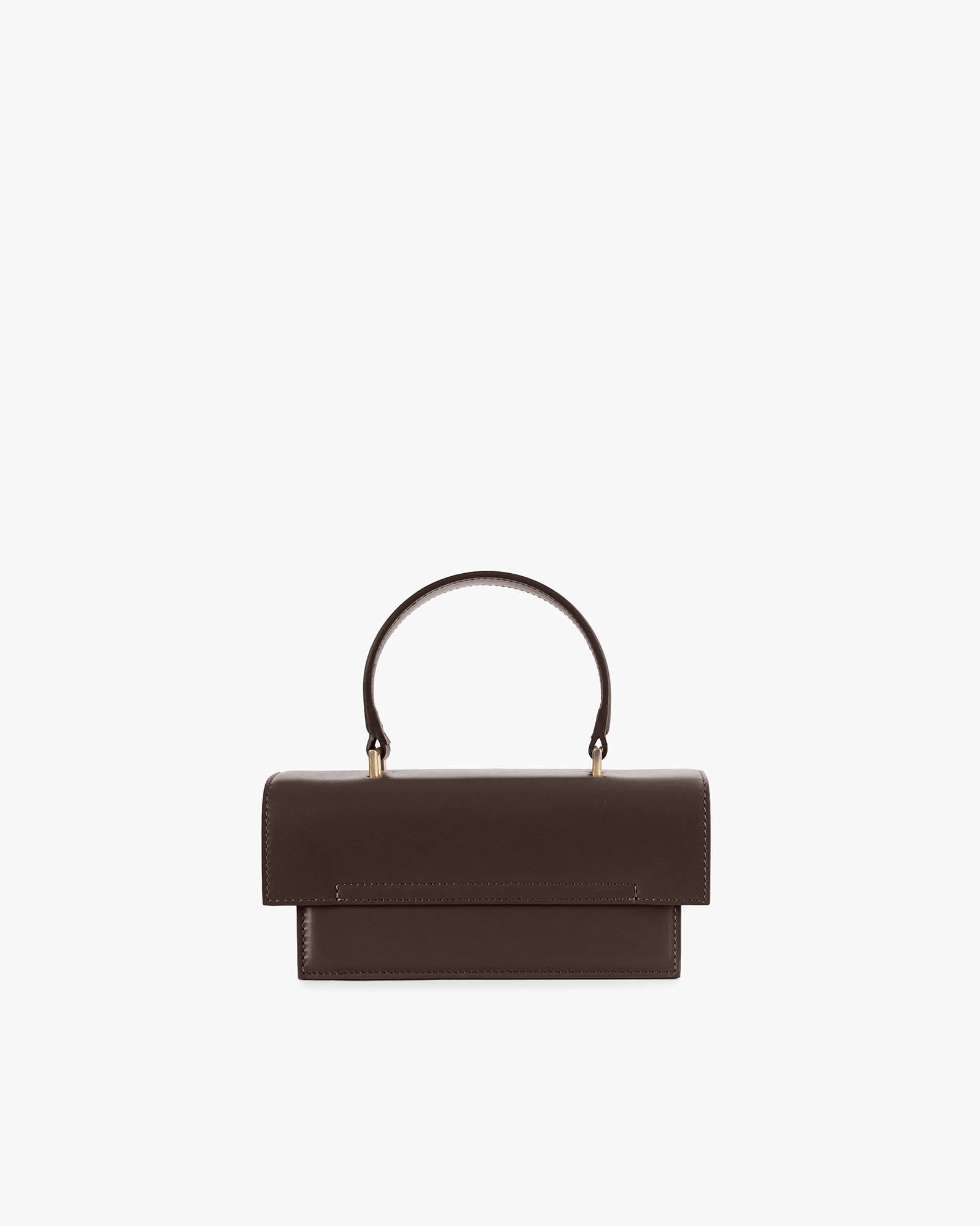 THEA MINI bag in chocolate, front view, standing, with rounded handle and oversized flap