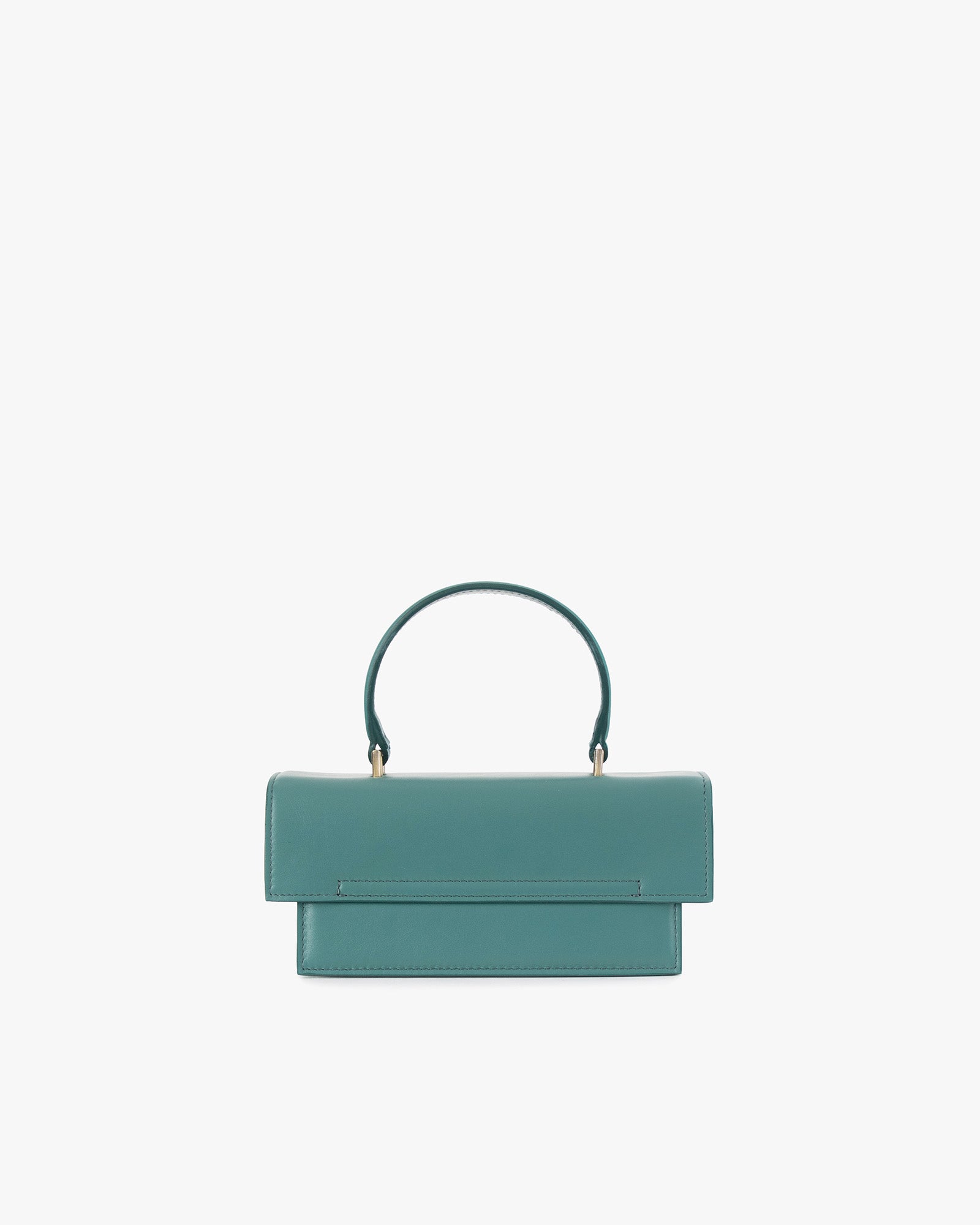 THEA MINI bag in turquoise, front view, flap closed, standing, with short top handle