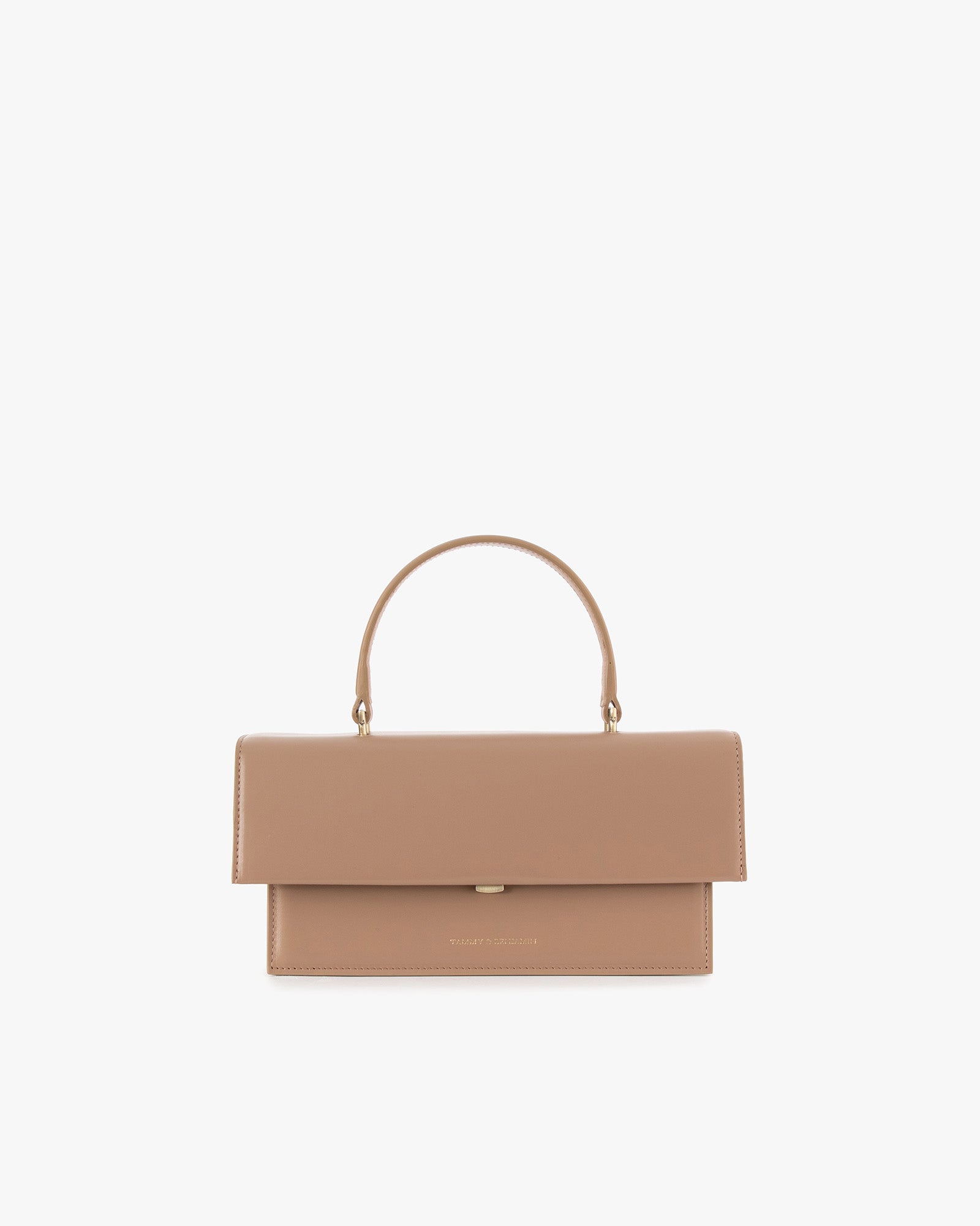 THEA bag in beige, front view, flap closed, top handle, white background