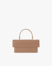 THEA Beige bag, front view, top handle raised, oversized flap closed