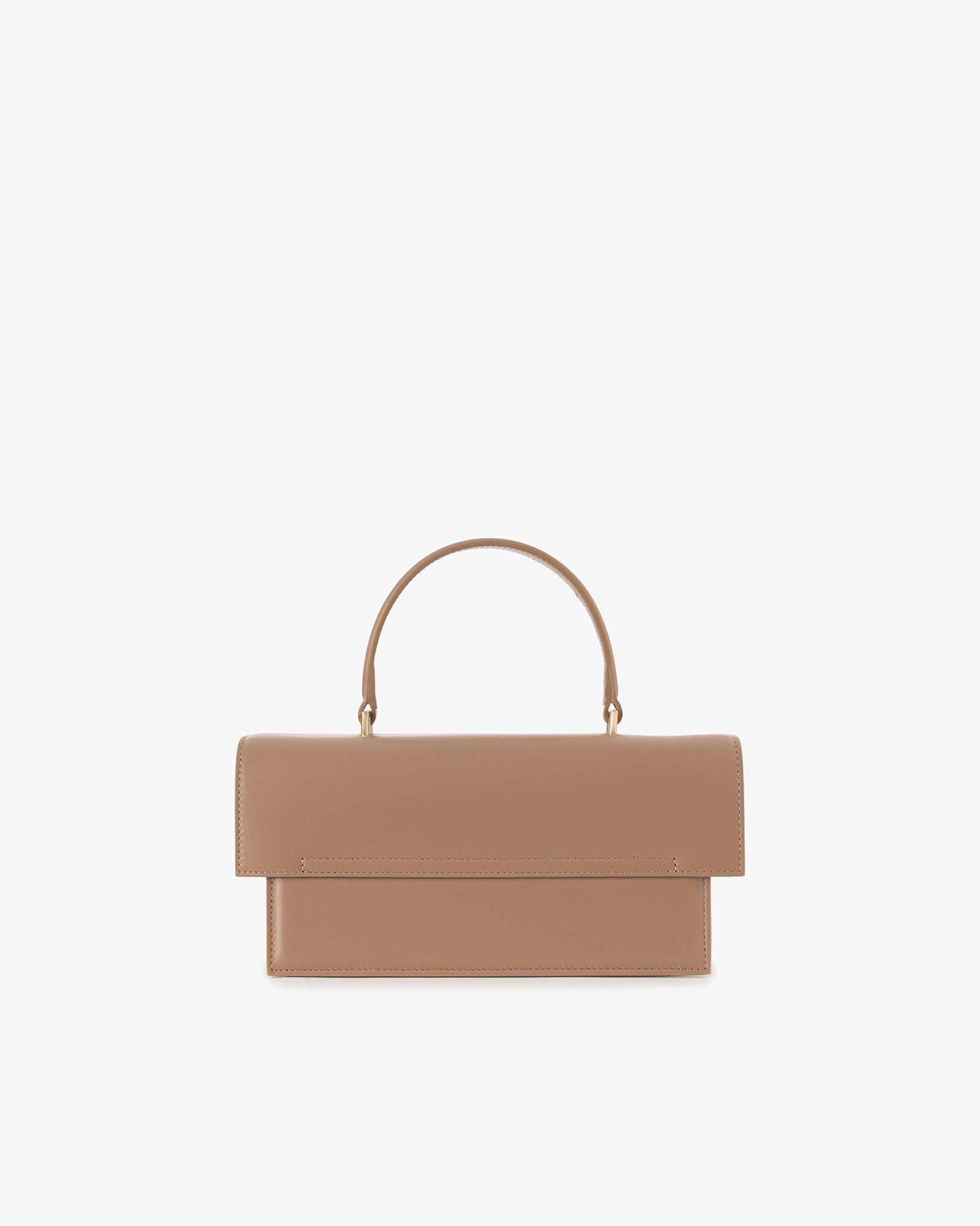 THEA Beige bag, front view, top handle raised, oversized flap closed