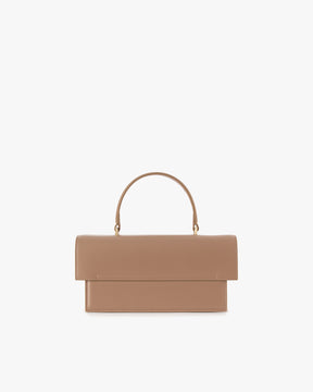 THEA Beige bag, front view, top handle raised, oversized flap closed
