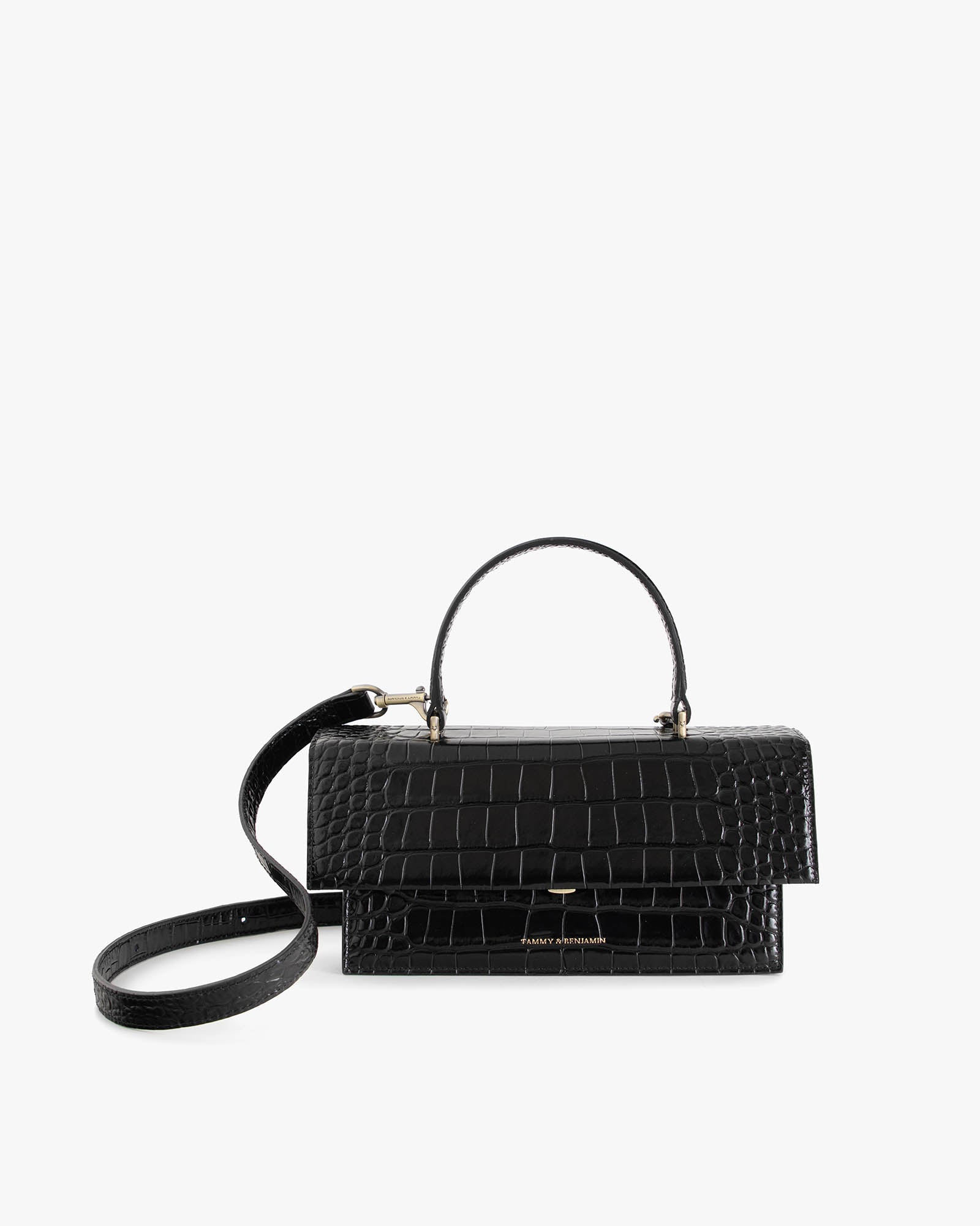 Sac THEA Noir - Embossé Crocodile de face, poignée rigide et bandoulière détachée, posé
