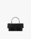 Sac THEA noir embossé crocodile, vue de face, posé, avec poignée rigide