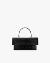 Sac THEA Noir embossé crocodile, vue de face, posé, avec poignée rigide