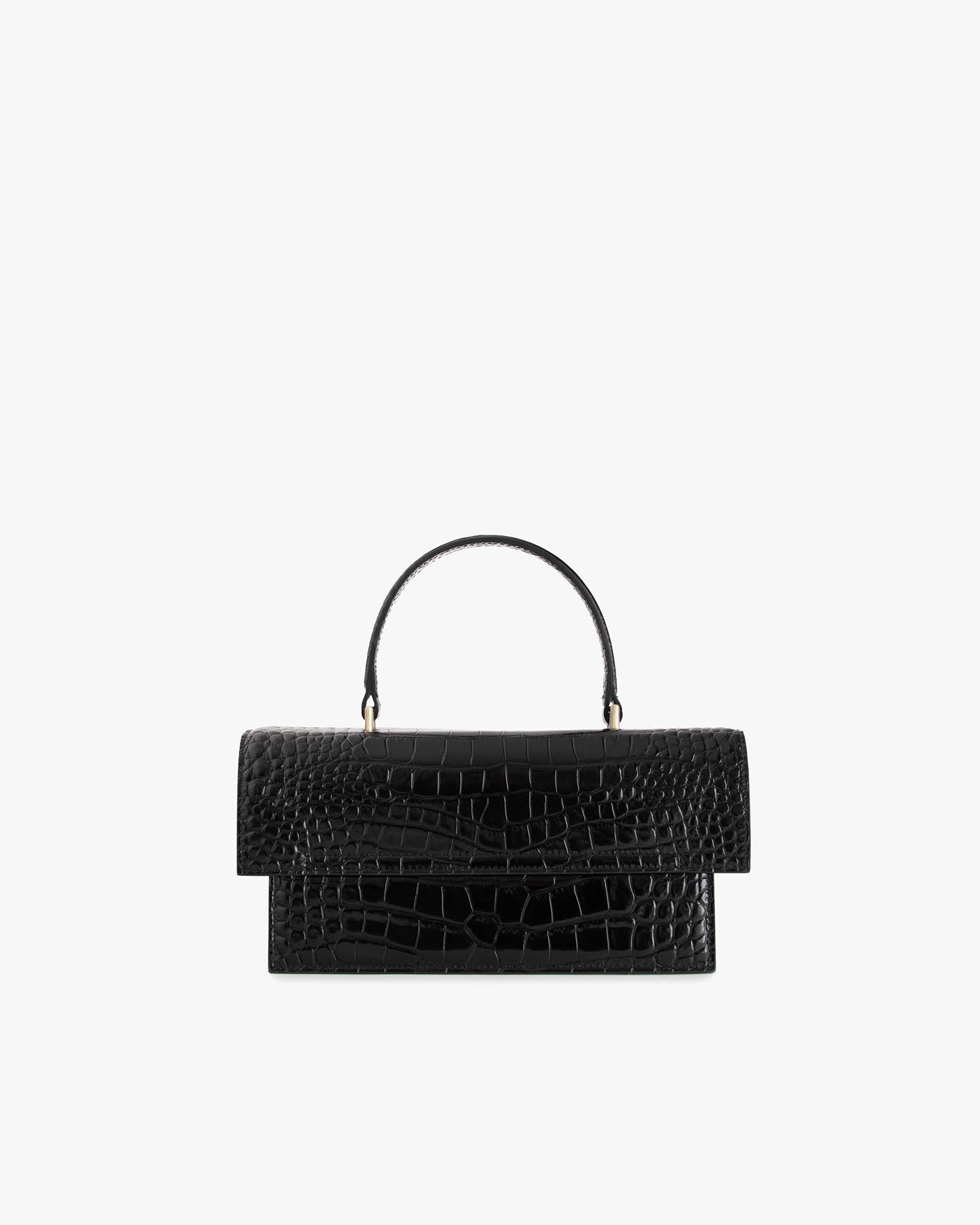 Sac THEA Noir embossé crocodile, vue de face, posé, avec poignée rigide