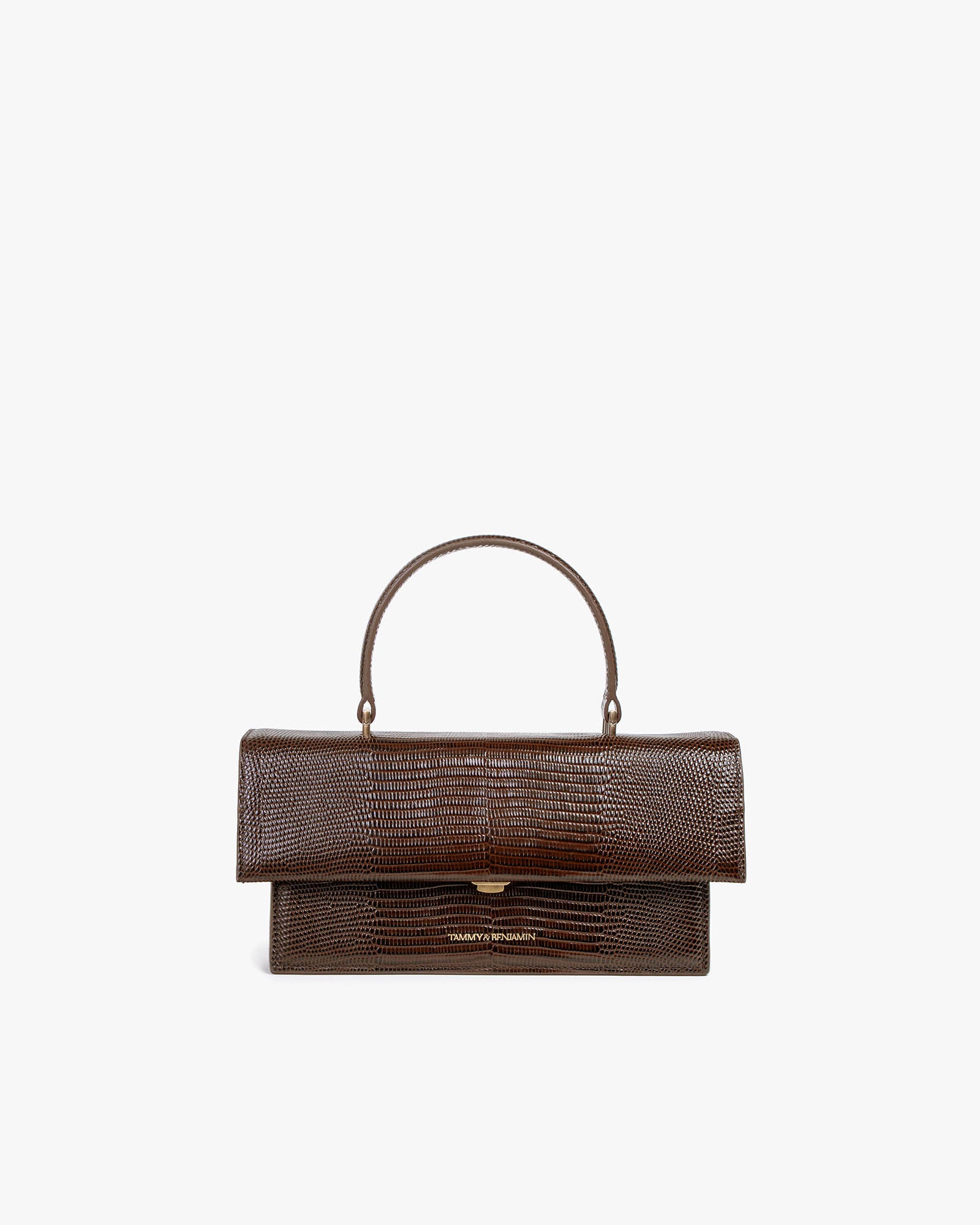 Sac THEA en cuir embossé lézard brun, vue de face, posé, avec anse rigide et fermoir doré