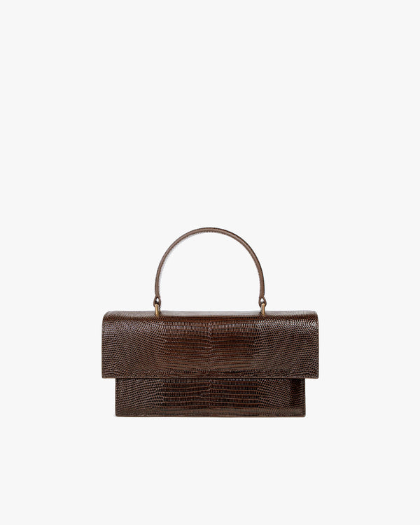 Sac THEA brun embossé lézard, vue de face, poignée rigide, rabat oversize fermé