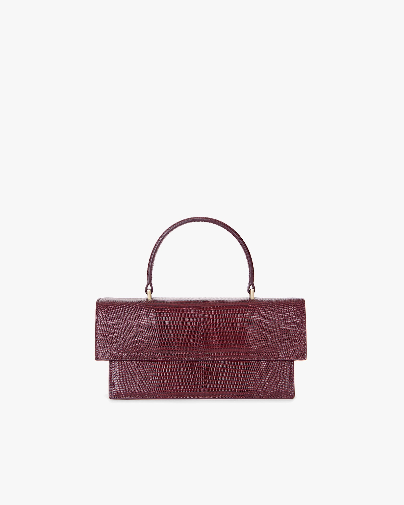 Sac THEA Bordeaux embossé lézard, vue de face, posé, avec poignée rigide