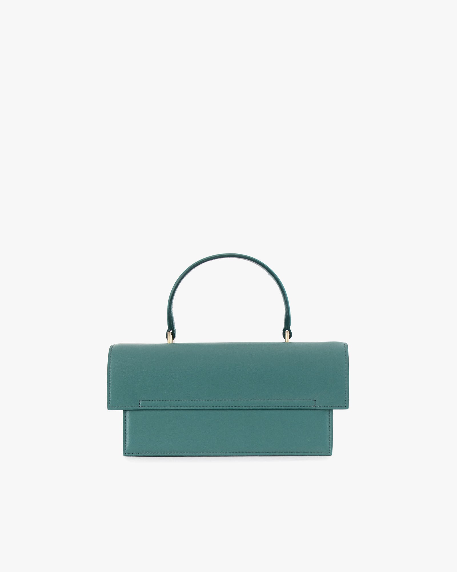 Sac THEA Turquoise de face, posé, rabat fermé et poignée rigide relevée