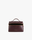 Sac VAYA Aubergine en cuir, vue de face ouvert, zip détaché montrant l'intérieur noir