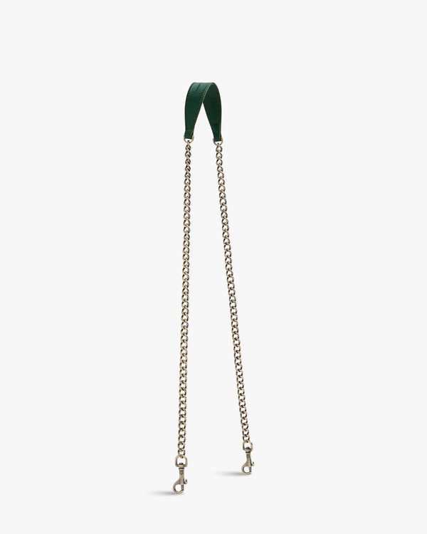 Long CHAÎNE emerald green, laid flat, leather tabs and chain with aged brass clasps