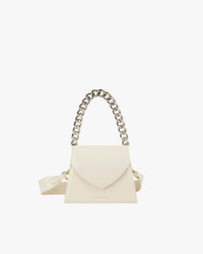 GABRIELLE bag in ivory, front view, standing, with chain handle and adjustable leather strap
